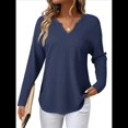 thumbnail image 2 of Blusas para Mujer, de Punto Gofre, de Larga, con Cuello en V y Muescas, Informales, Modernas, de Color Liso, Holgadas. Azul Oscuro L, 2 of 6