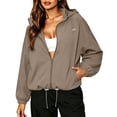 thumbnail image 4 of Usloyux Women's Solid Color Zip Up Outdoor Hiking Jackets Hooded Windbreaker Coats Lightweight Fall Winter Outerwear, Khaki M, 4 of 9