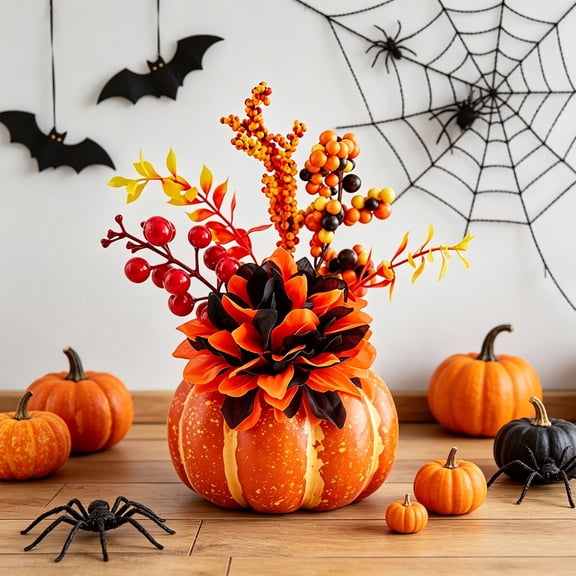 Halloween Decoration Indoor Outdoor Clearance Under $5.00!4 Styles Artificial Pumpkin Floral Table Centerpiece Fall Maple Sunflower Berry Arrangement For Halloween Thanksgiving Mantel Table Decor