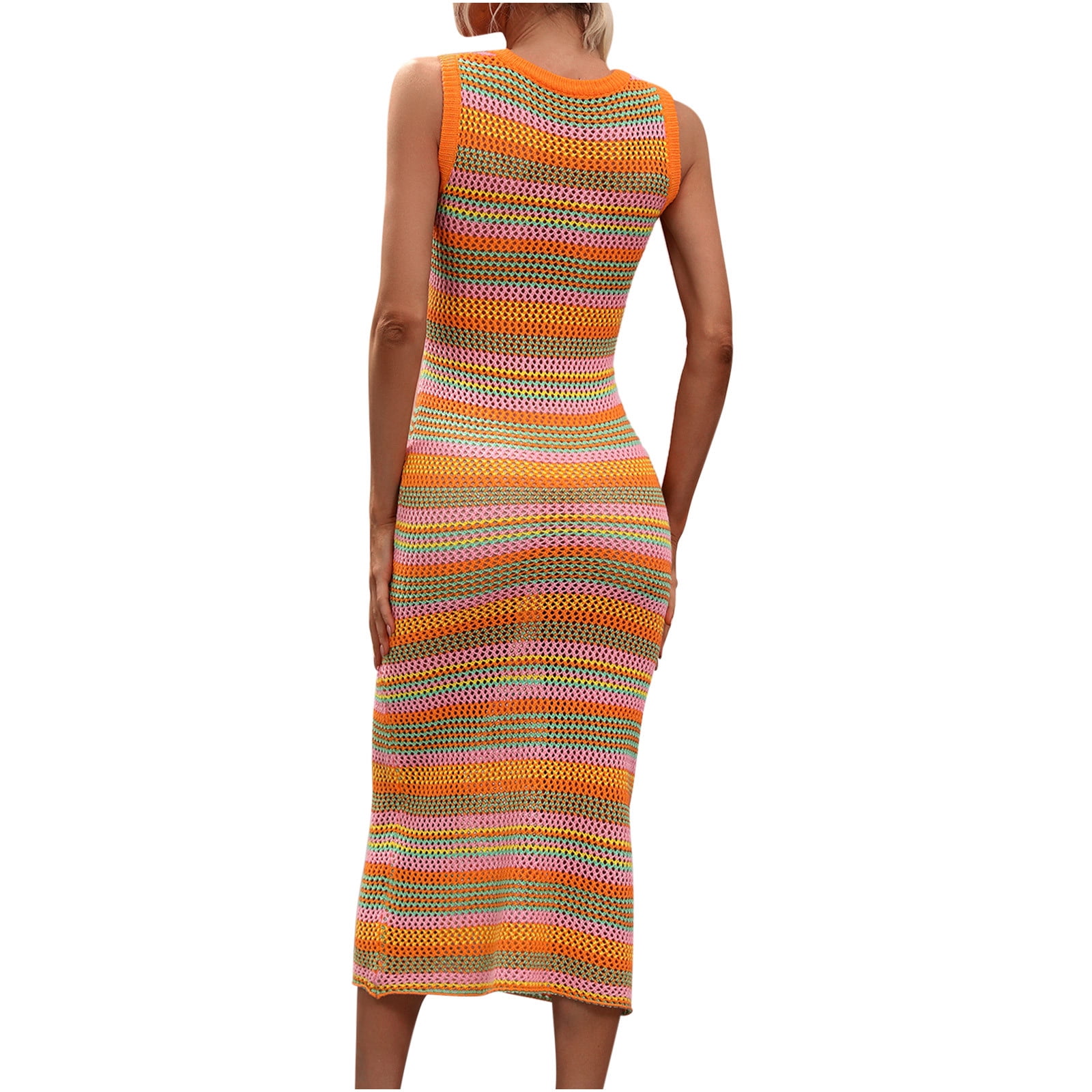 Crochet Dresses for Women Sexy Hollow Out Knitted Beach Bikini Cover Ups Sleeveless Crew Neck Trendy Stripe Printed Slim Fit Cover-Up Tank Midi Dress