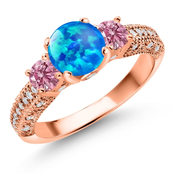 Gem Stone King 18K Rose Gold Plated Silver Blue Opal Pink Lab Grown Diamond and White Moissanite Engagement Ring for Women (1.44 Cttw, Gemstone October Birthstone, Round Cabochon 7MM and 4MM, Size 8)