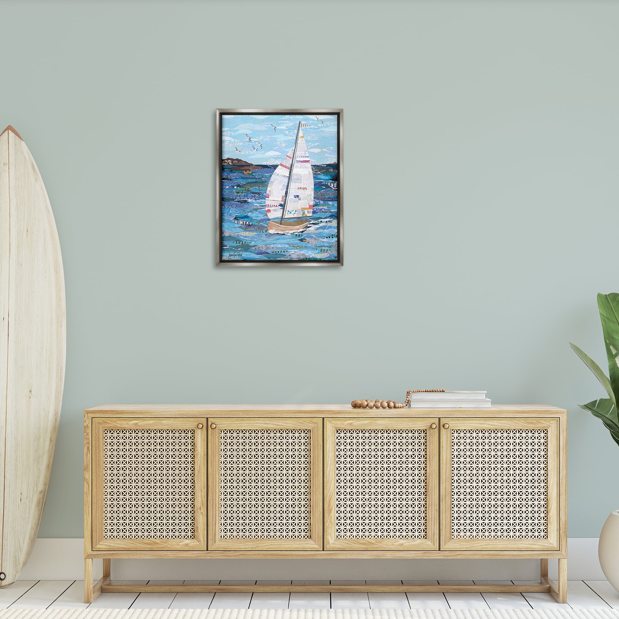 Stupell Industries Collaged Sailboat Scene Transportation Painting Gray Floater Framed Canvas Art Print Wall Art, 25 x 31