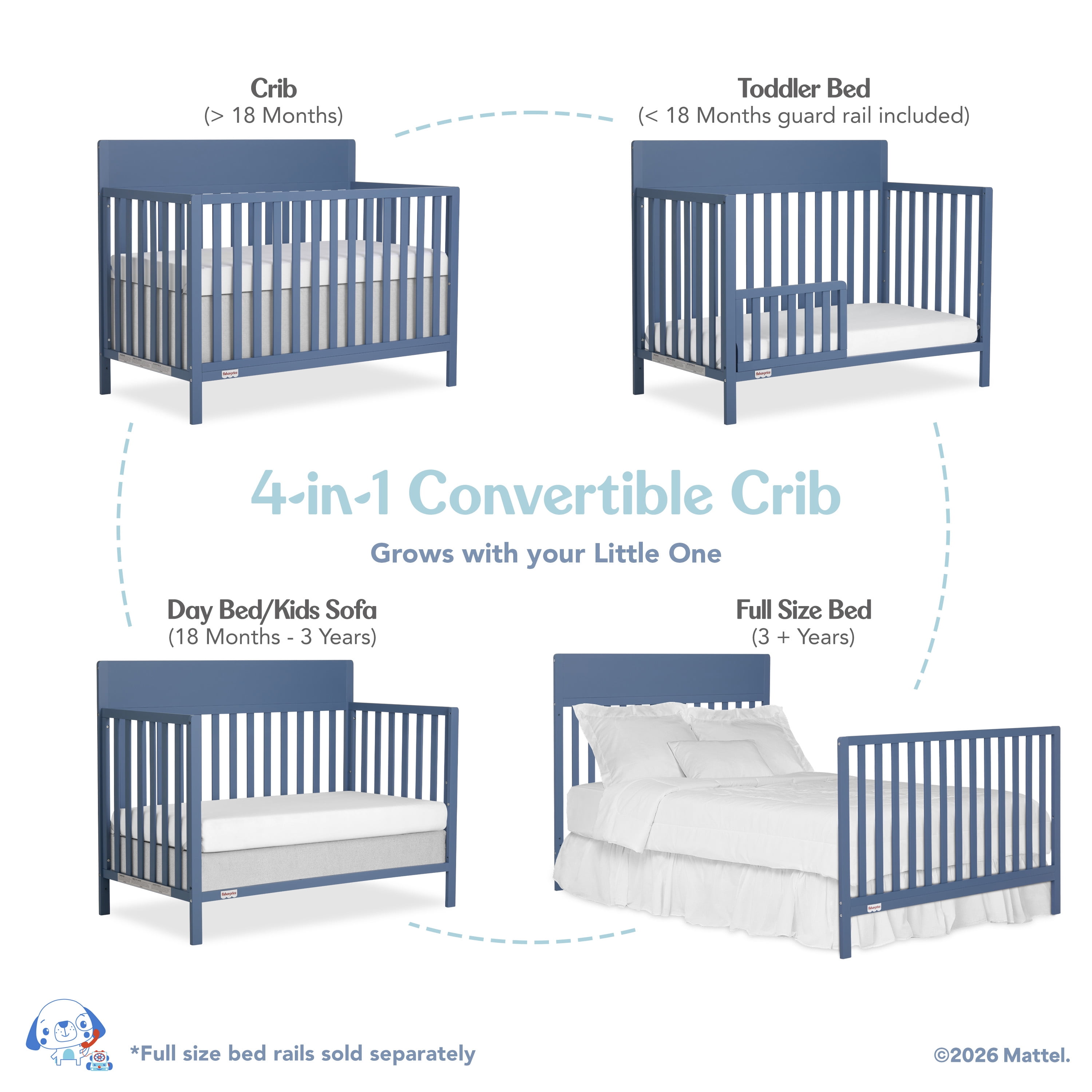 Fisher-Price Meadowbrook 4-in-1 Convertible Baby Crib by Dream On Me, Blue