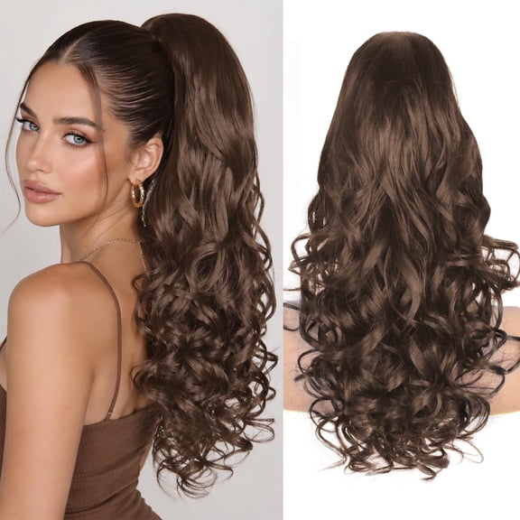 JOFMWIX 24 Inch Ponytail Extension, Clip on Ponytails for Women, Long Curly Wavy Ponytail Extensions for Women, Synthetic Layered Pony Tails Hair Extensions (Color: Dark Chocolate Brown)
