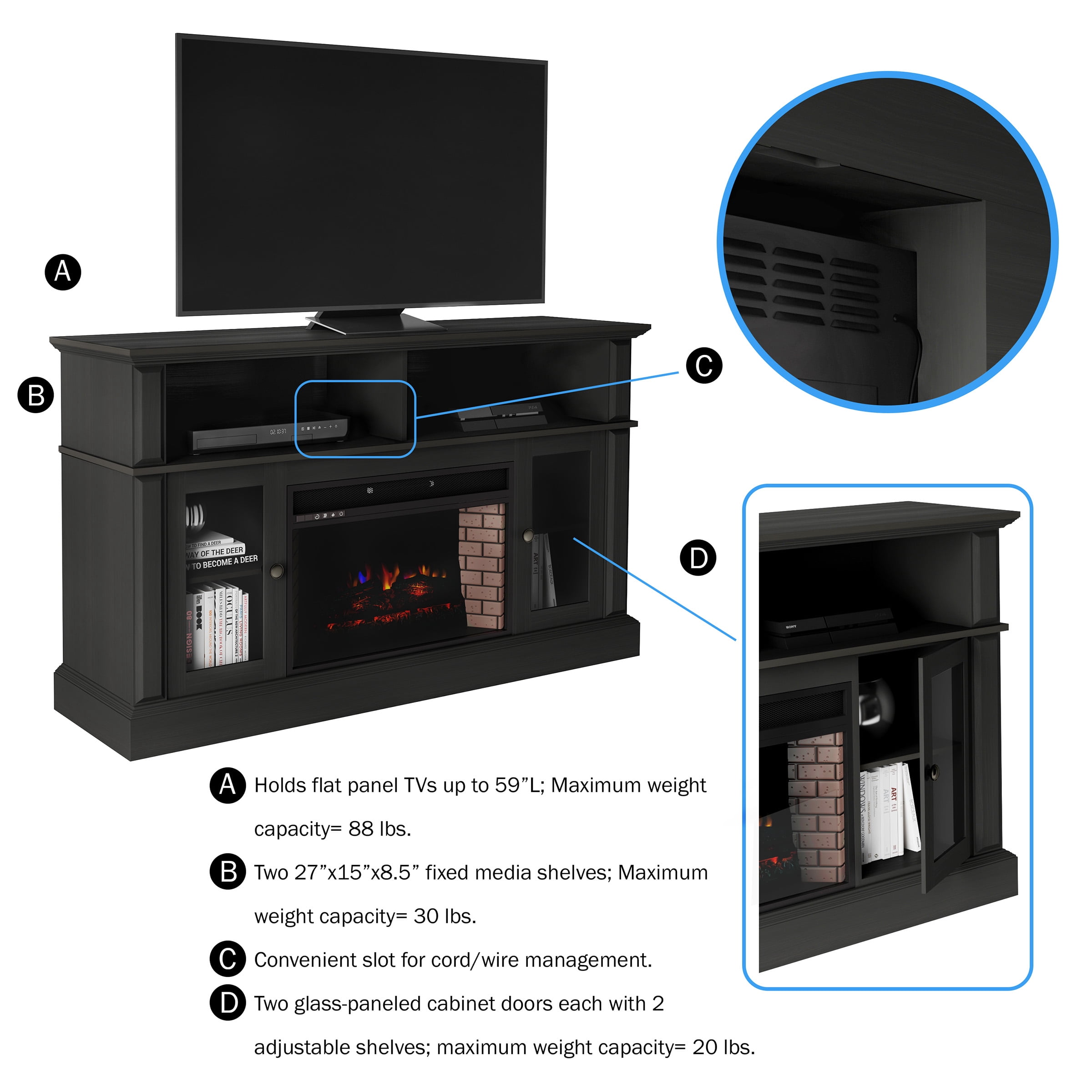 Northwest Electric Fireplace TV Stand for TVs up to 59", Black