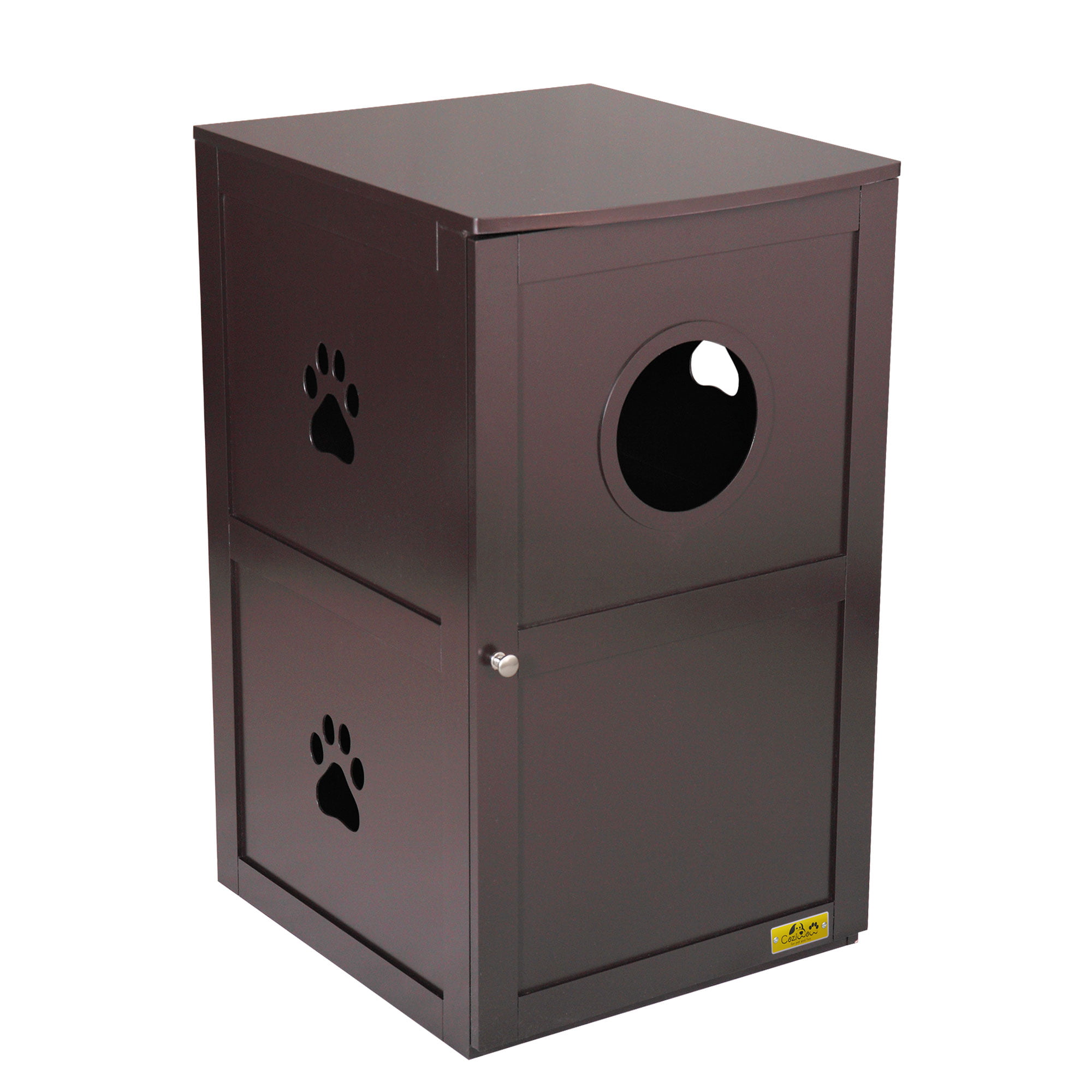 2-Tier Functional Wood Cat Washroom Litter Box Cover with Multiple Vents a Round Entrance and Openable Door