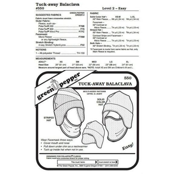 Tuck-Away Balaclava Face Mask Neck Warmer Hat #550 Sewing Pattern (Pattern Only)