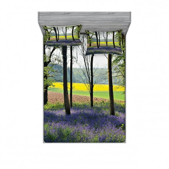Woodland Bedding Set with Sheet & Covers, Bluebells in Wepham Woods Wildflower Spring Rural Environment Photo Print, Printed Bedroom Decor 2 Shams, 4 Sizes, Purple Yellow Green, by Ambesonne