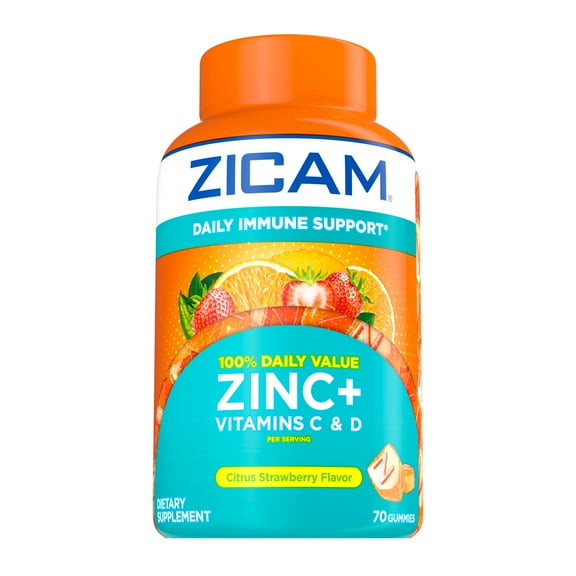 Zicam Daily Immune Support, Gummy Supplement, Zinc, Vitamin C & Vitamin D, Citrus Strawberry Flavor, 70 Count