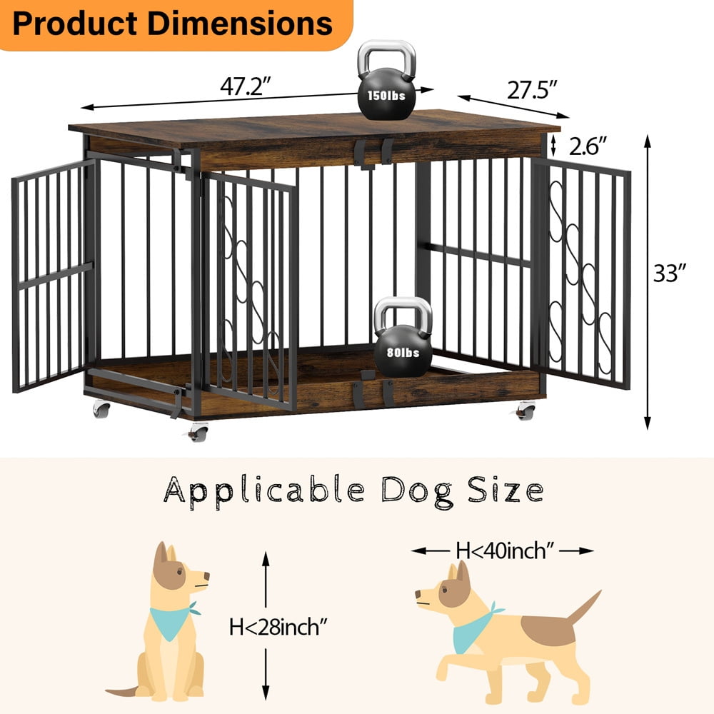 48 inch Dog Cage Furniture for Extra Large Dog, Double-Doors Heavy Duty Dog Crate with 360° Caster Wheels, Dog Kennel Indoor Decorative Pet House Dog Cage Table, Brown
