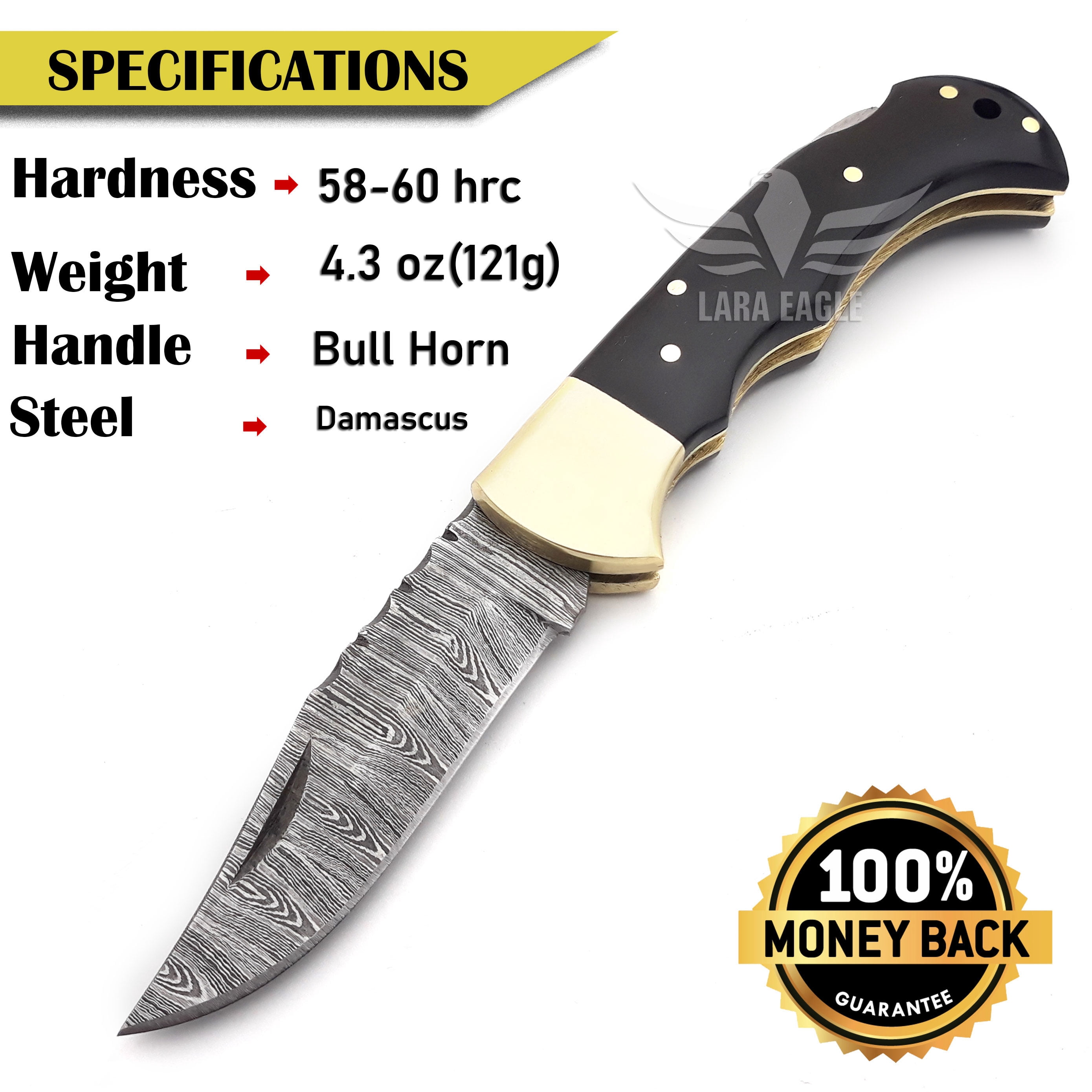 Lara Eagle Damascus Pocket Knife for Men - 3 inch Blade, 133 Layer Solid Steel Handmade Black Folding Knife with Sharpener and Leather Pouch - for Camping, Hunting, Hiking.
