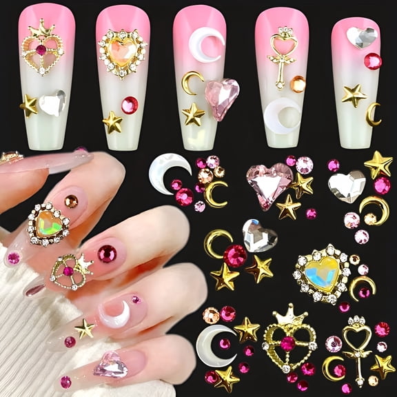 VANIDO 3D Nail Charms for Acrylic Nails Crystal Heart Nail Rhinestones Star Moon Alloy Colorful Nail Gems Nail Art Decorations