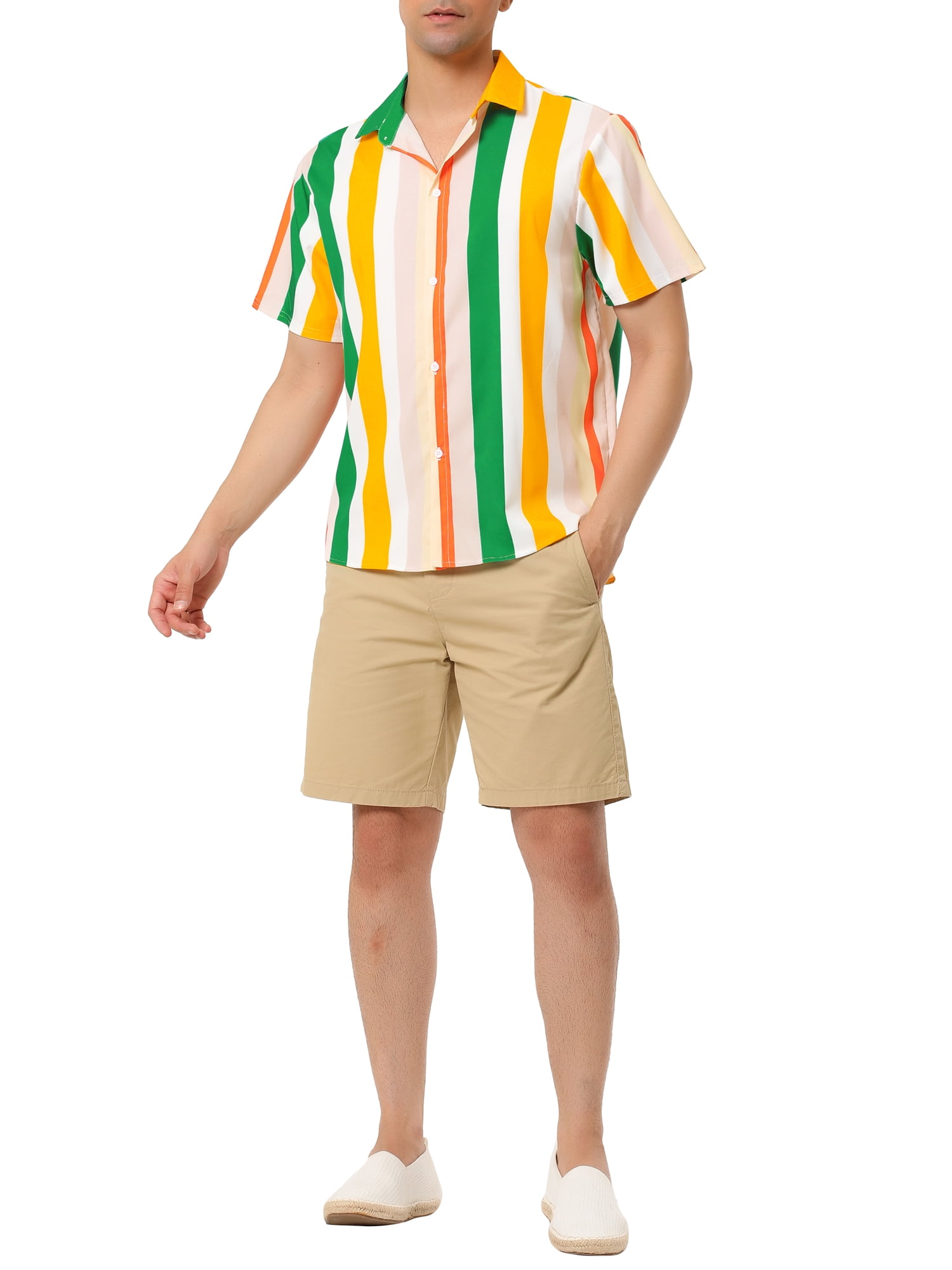 Unique Bargains Men's Summer Striped Shirt Short Sleeve Button Down Beach Shirts XL Pink Green Orange