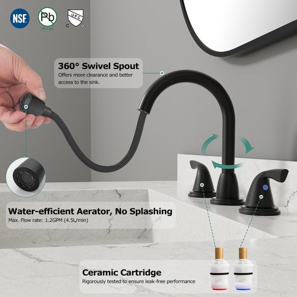 PARLOS Widespread 2-handle Pull Out Sprayer Bathroom Sink Faucet with 360 Swivel Spout,Matte Black
