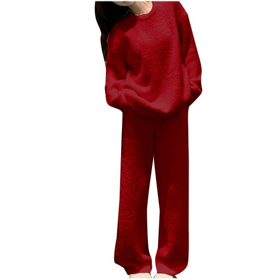 Women's Fleece Outfit Warm Crew Neck Pajamas Oversized Thickened Pajama Shirt and Pants Winter Sleepwear Comfy Lounger for Cold Weather