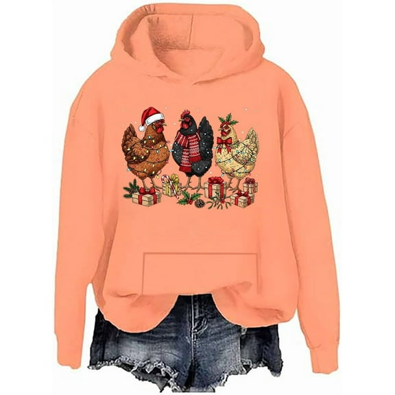 Christmas Chicken Hoodie Chicken Christmas Graphic Sweatshirts Farm Lover Gift Holiday Long Sleeve Tops
