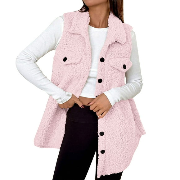 Dagegui Long Fleece Vest for Women Sherpa Sleeveless Jacket Fall Warm Button Down Coat Outerwear Pink S