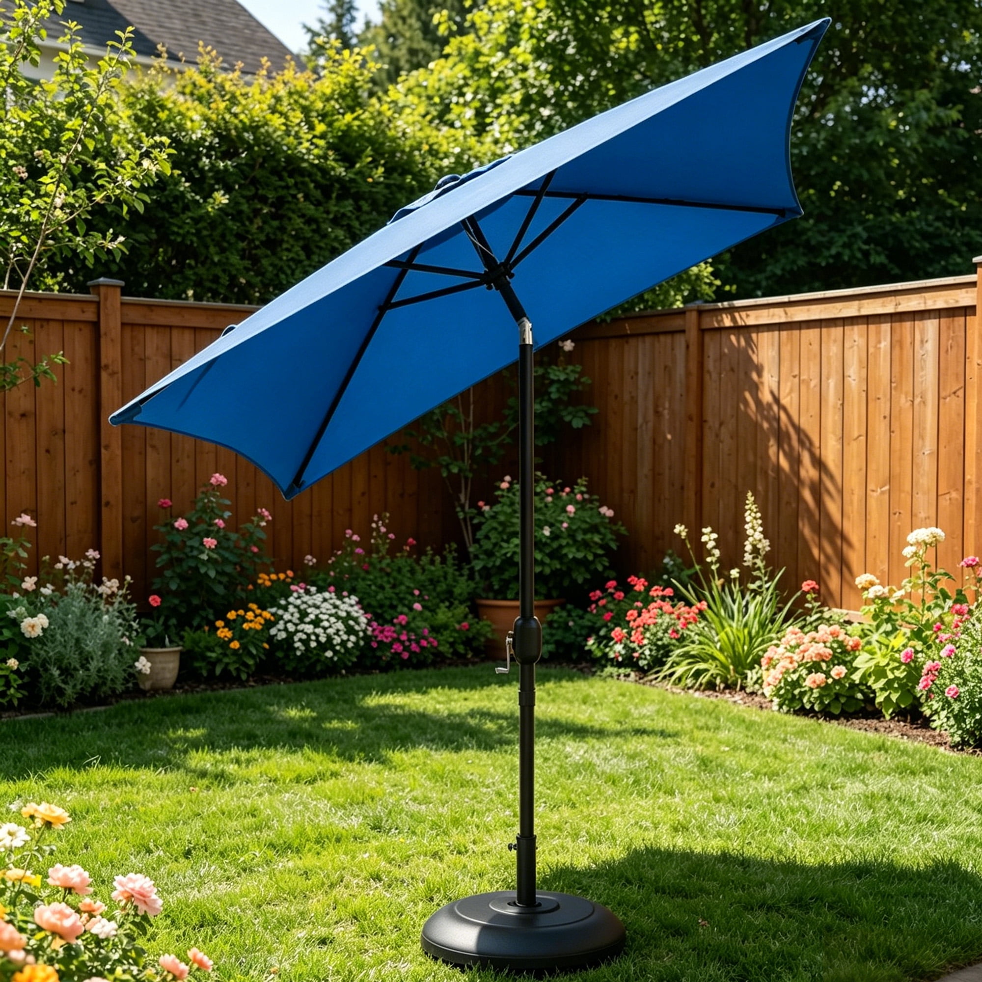 Kool 6.5 ft Square Outdoor Patio Market Umbrella with Push Button Tilt and Crank Handle, Royal Blue