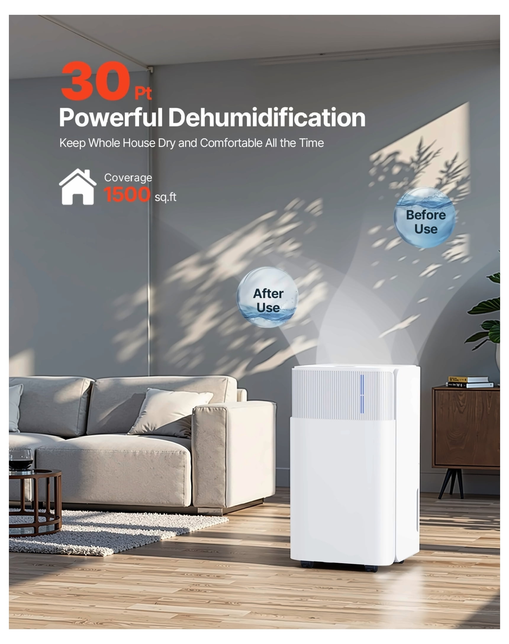 30 Pints Dehumidifier for Home Basement - Smart Dehumidifier Low Noise - Room Dehumidifier with Auto Humidity Control & Quiet Sleep Mode