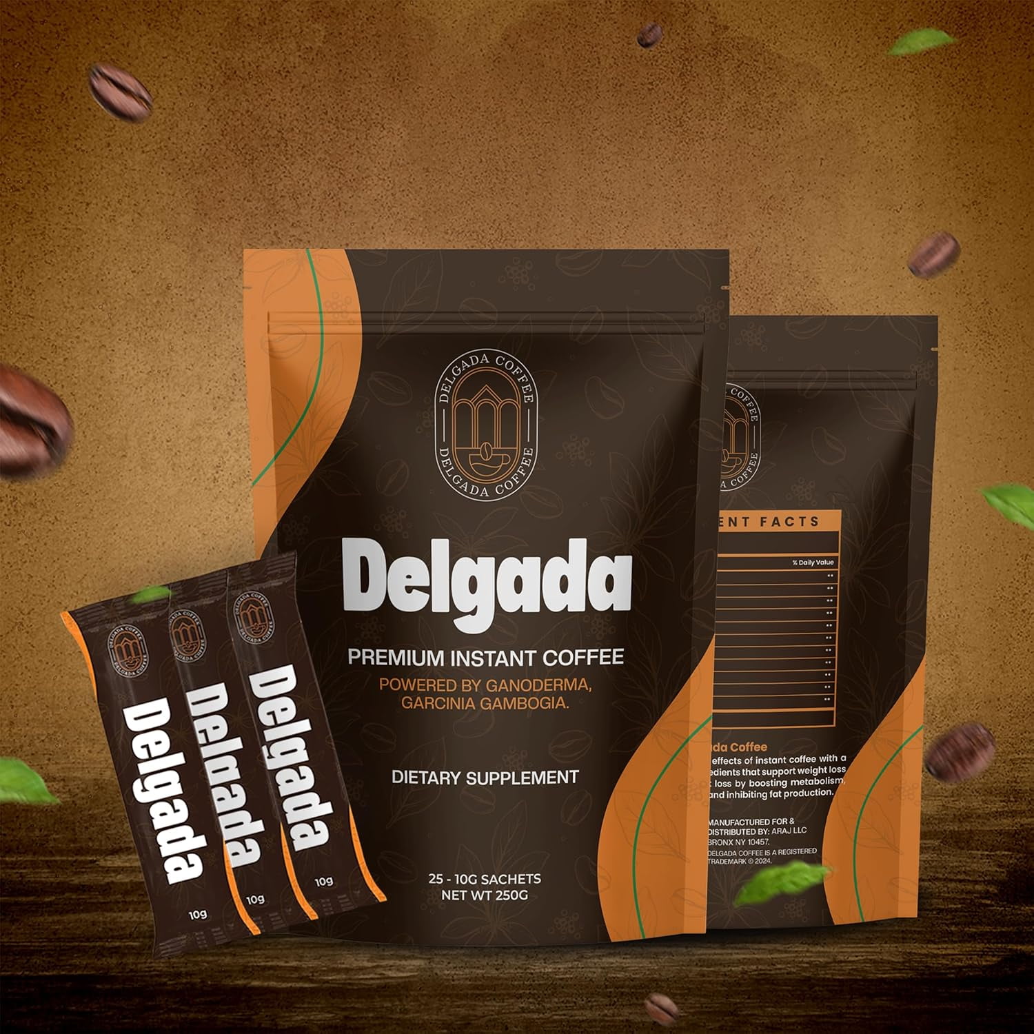 Delgada Instant Coffee - Premium Ganoderma, Rich Bold Taste - Healthy Mushroom Insant Coffee 25 Sachets