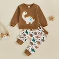 thumbnail image 2 of Caqnni Toddler Baby Boy Clothes Long Sleeve Striped Crewneck T-Shirt Top + Dinosaur Prints Drawstring Pants Set Fall Outfits (0-6 Months,Z055-Brown), 2 of 8