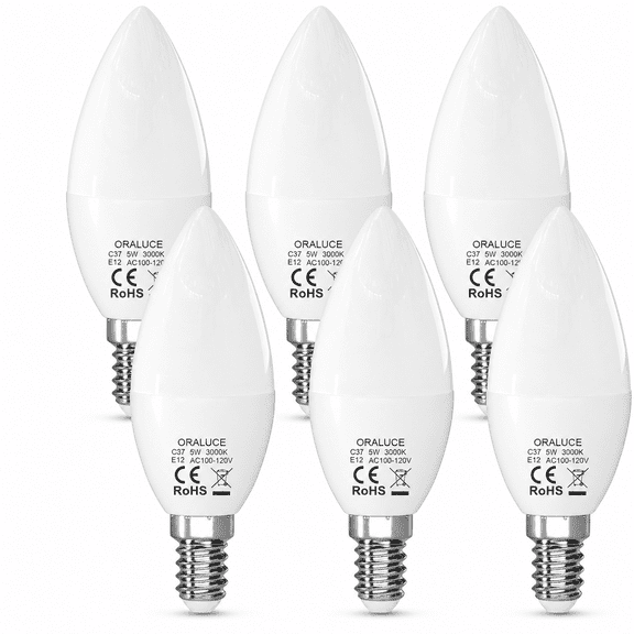 Oraluce LED 5W 40W Equivalent 3000K Warm White Candelabra Light Bulbs , Energy Saving, E12 Base, 6 Pack