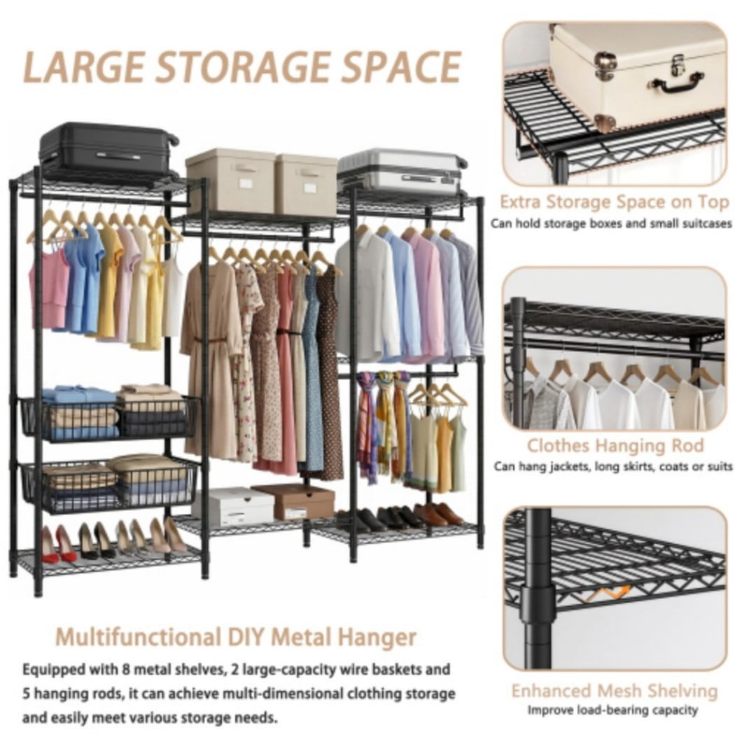 Heavy Duty Clothes Rack, Freestanding Garment Rack with 4 Hanging Rods, 6 Adjustable Wire Shelves & 2 Storage Baskets, Large Clothing Organizer, 68.5" W, Black