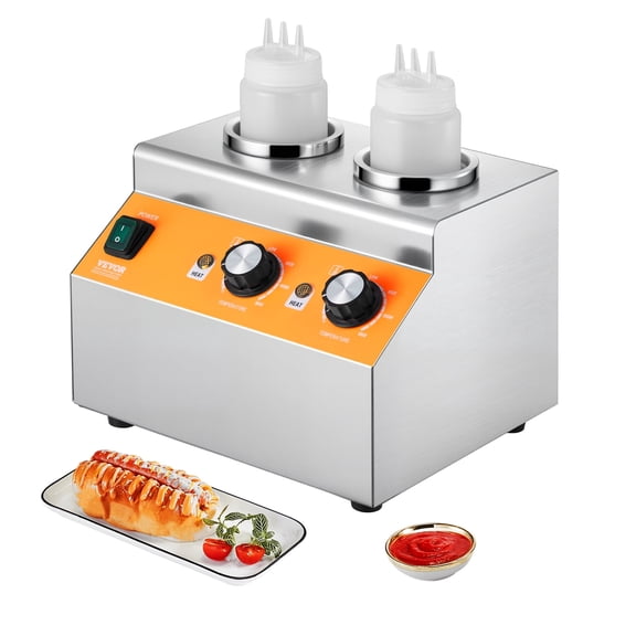 VEVOR Electric Bottle Warmer with Bottles, 0.8x2 LCommercial Cheese Dispenser, Hot Fudge Warmer 86-185℉ Temp Adjustable, Plastic Double Bottles Nacho Cheese Warmer, for Hot Fudge Cheese Caram Caramel