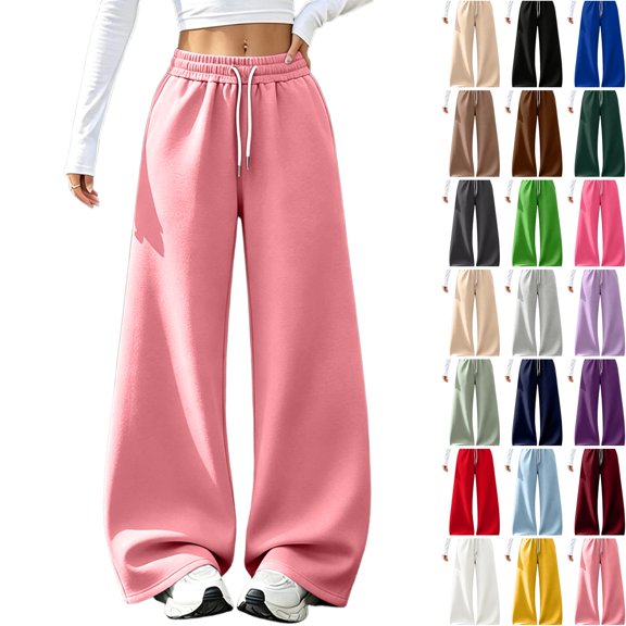 WULMLEO Wide Leg Sweatpants Women Baggy Elastic High Waisted Lounge Pants 2026 0versized Soft Relaxed Fit Workout Trousers with Pockets Pink M