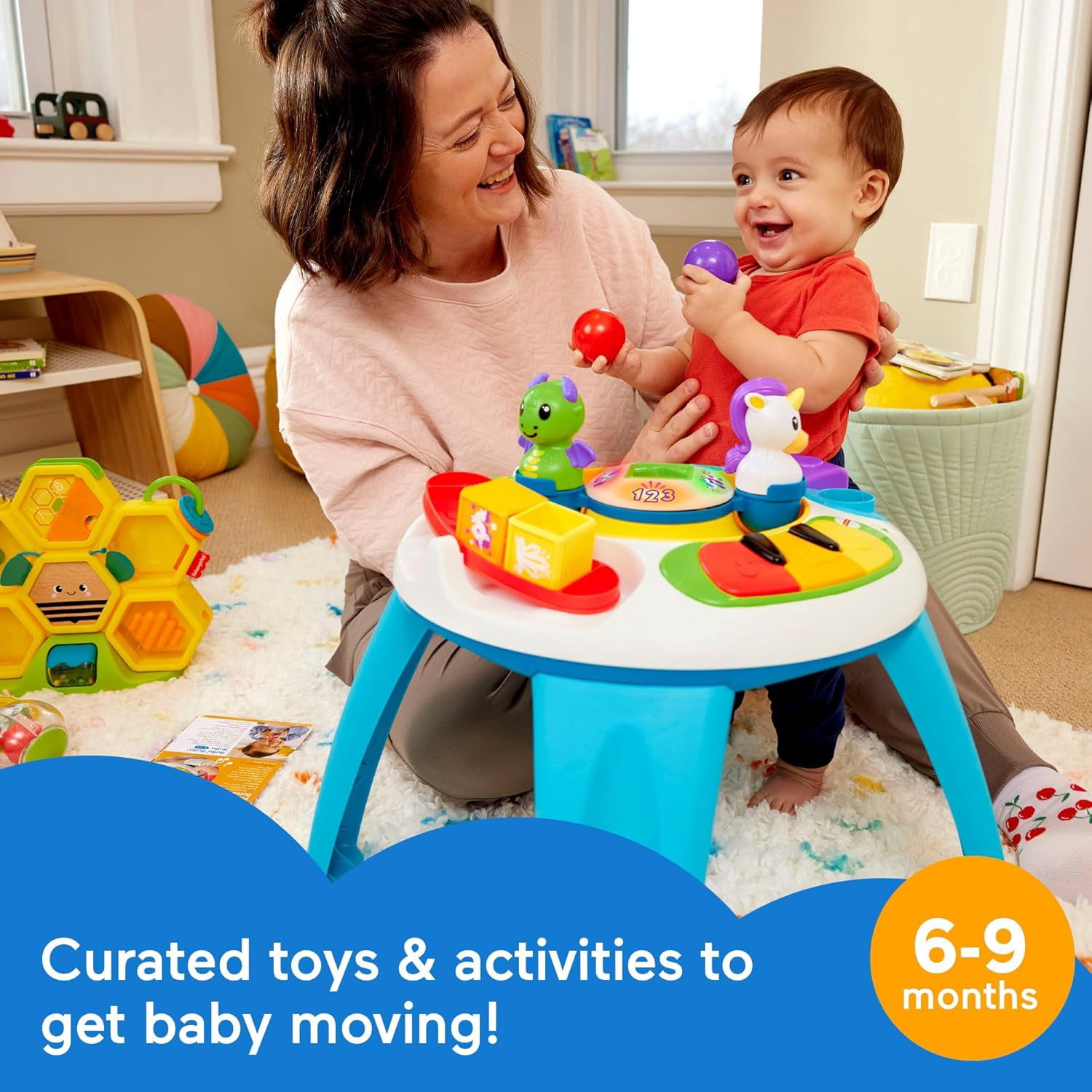 Fisher-Price Baby Play Kit Let’s Crawl & Cruise Gift Set, Activity Table, Hive Toy, Lion Rattle