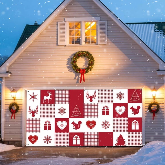 Red Buffalo Plaid Christmas Garage Door Decorations, 6x13ft Garage Door Cover Banner with Grommets, Outdoor Garage Door Backdrop Mural for Holiday Party Wall Decor, Elk Reindeer Deer Snowflake