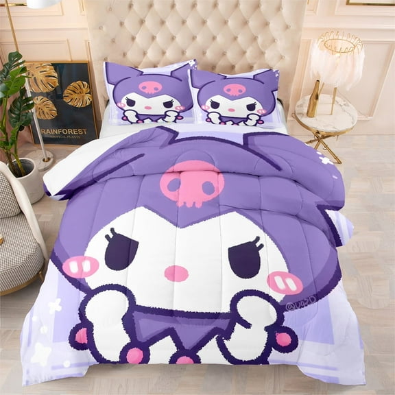 3-Piece Purple Kuromi Bedding Sets with 1 Comforter 2 Pillowcases, Twin Size