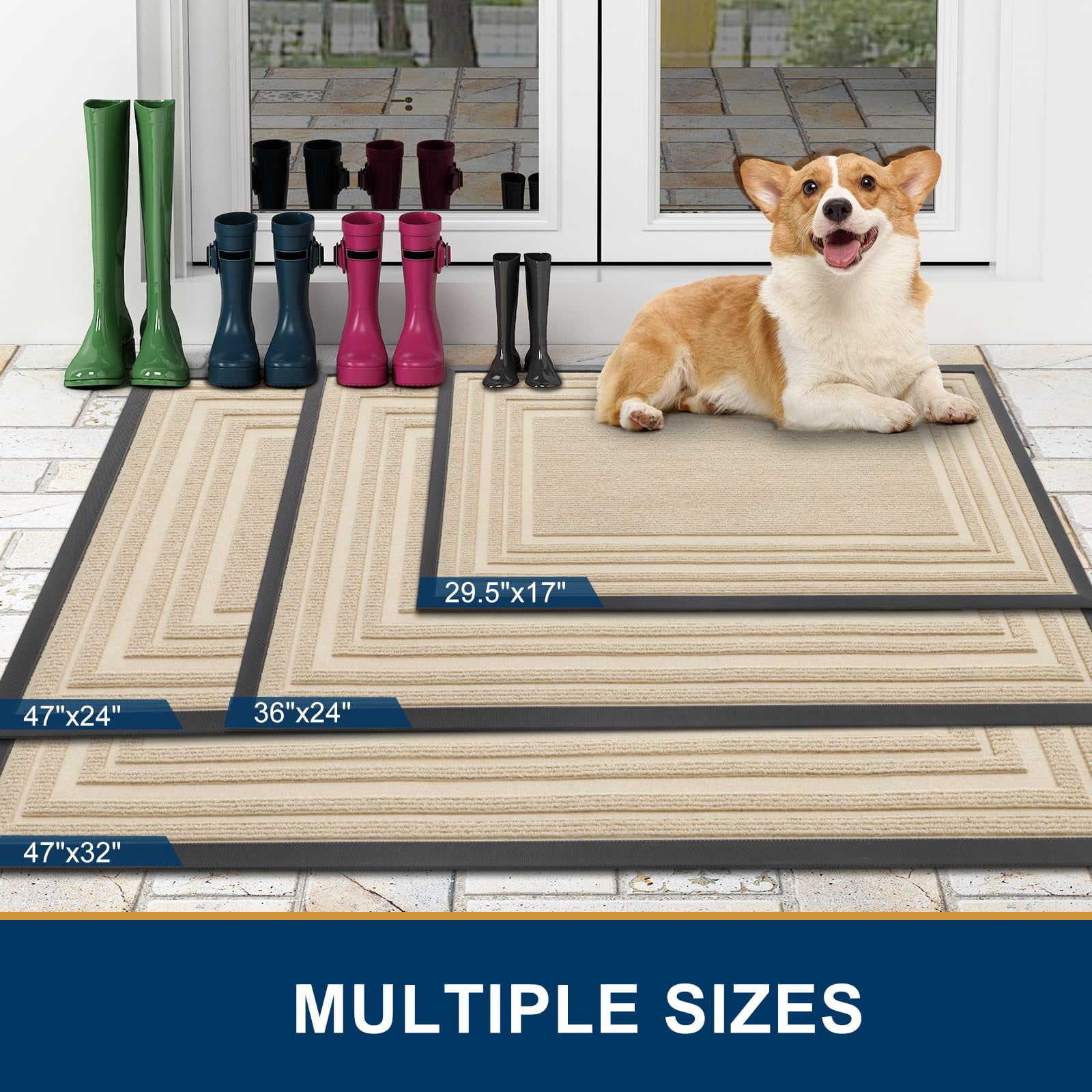Buganda Heavy Duty Door Mats, Non Slip Waterproof Rubber Doormats for Outdoor and Indoor, Low Profile Dirt Trapper Entry Rugs, 47"x32", Beige