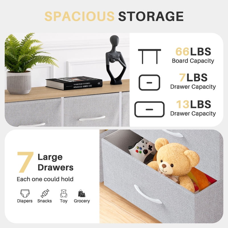 Simenmax 7 Drawer Dresser for Bedroom, Fabric Storage Dresser for Bedroom, Wood and Metal Dresser TV Stand for Living Room, Entryway Light Gray