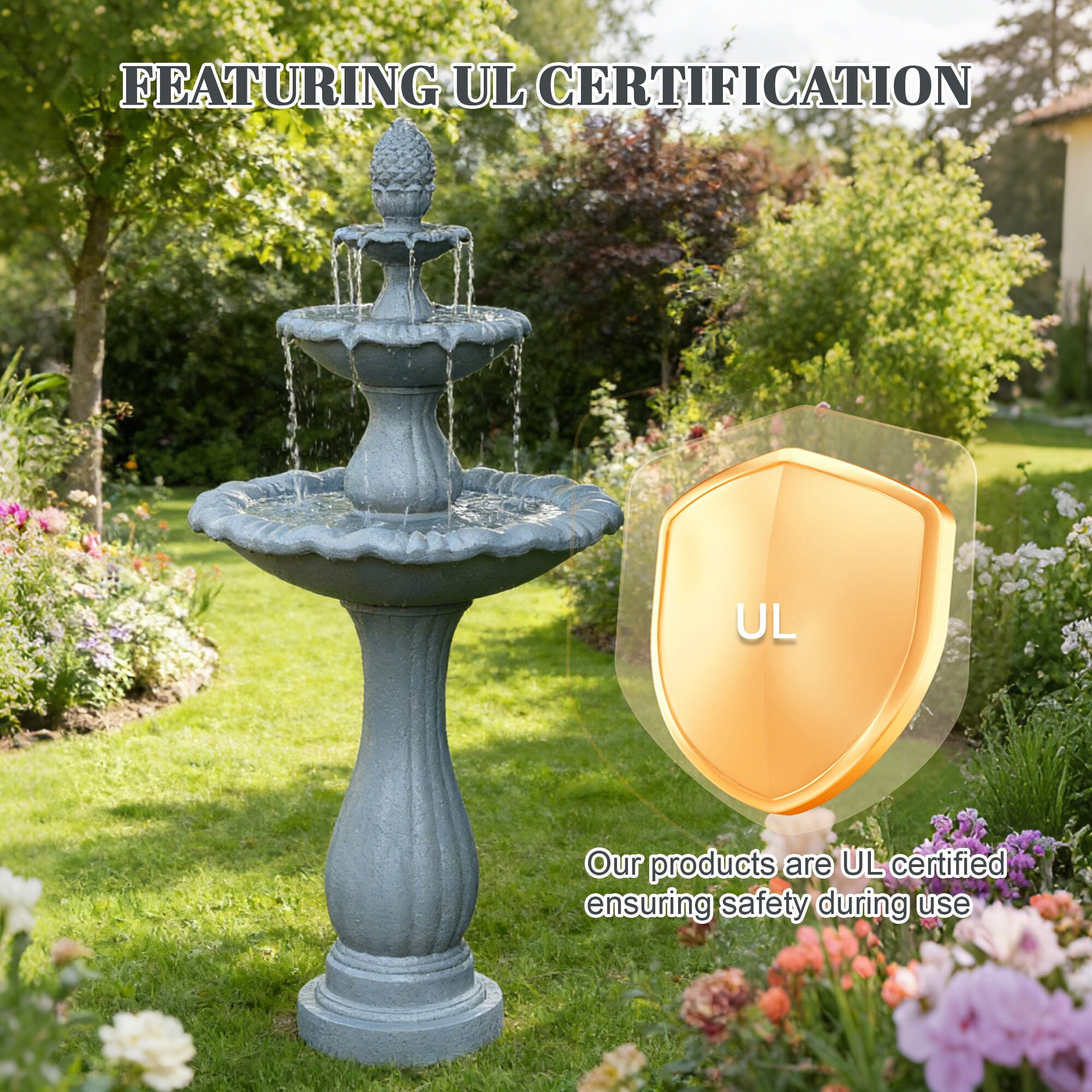 Kaluomm 48" 3-Tiers Outdoor Water Fountain, Italian Pineapple Large Cascading Waterfall Fountains, Weather-Resistant Resin Freestanding Fountain Features for Garden Patio Backyard, Gray