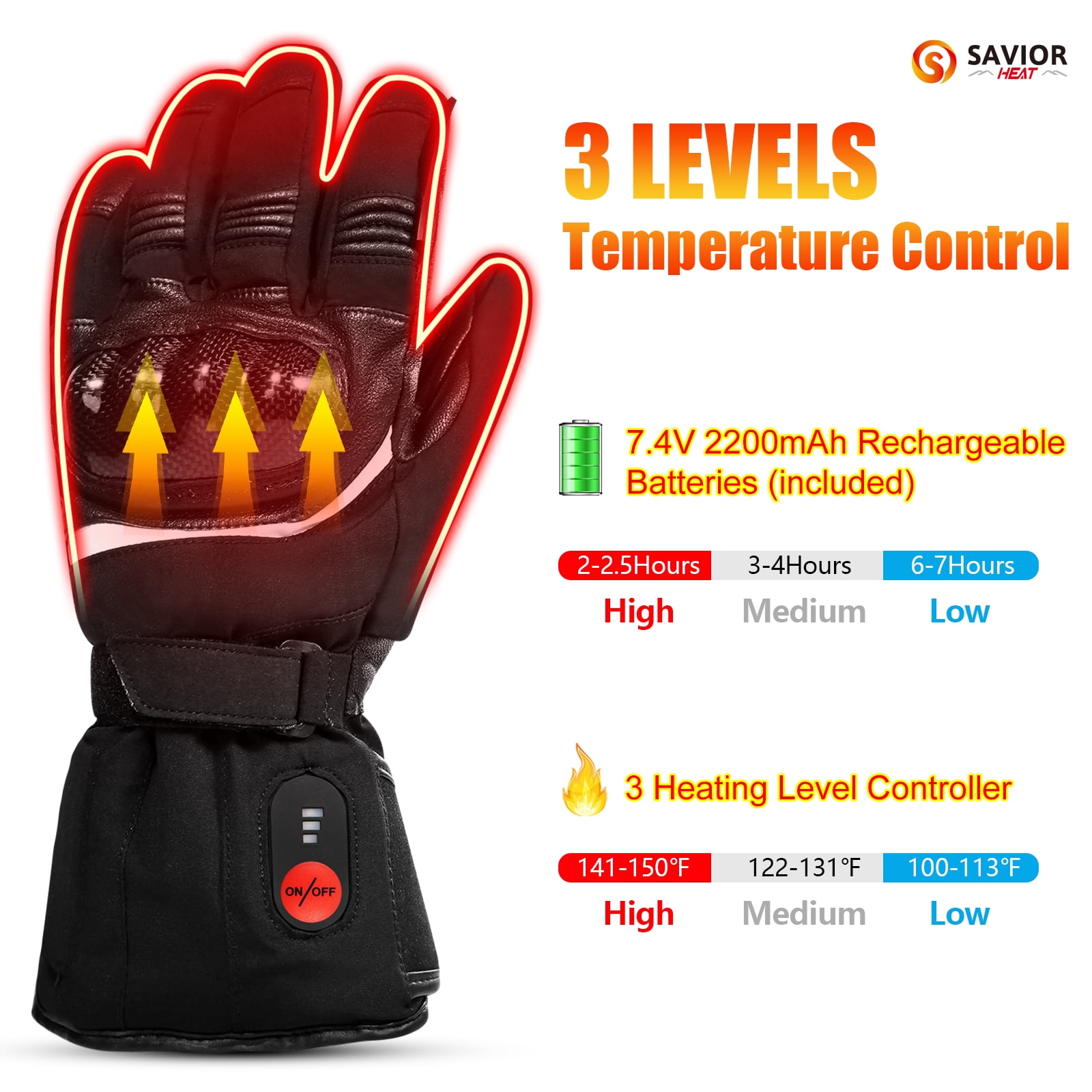 SAVIOR Heated Gloves With Battery,7.4v 2200mah Rechargeable Heated Gloves Skiing and Snowboarding Gloves (Black)