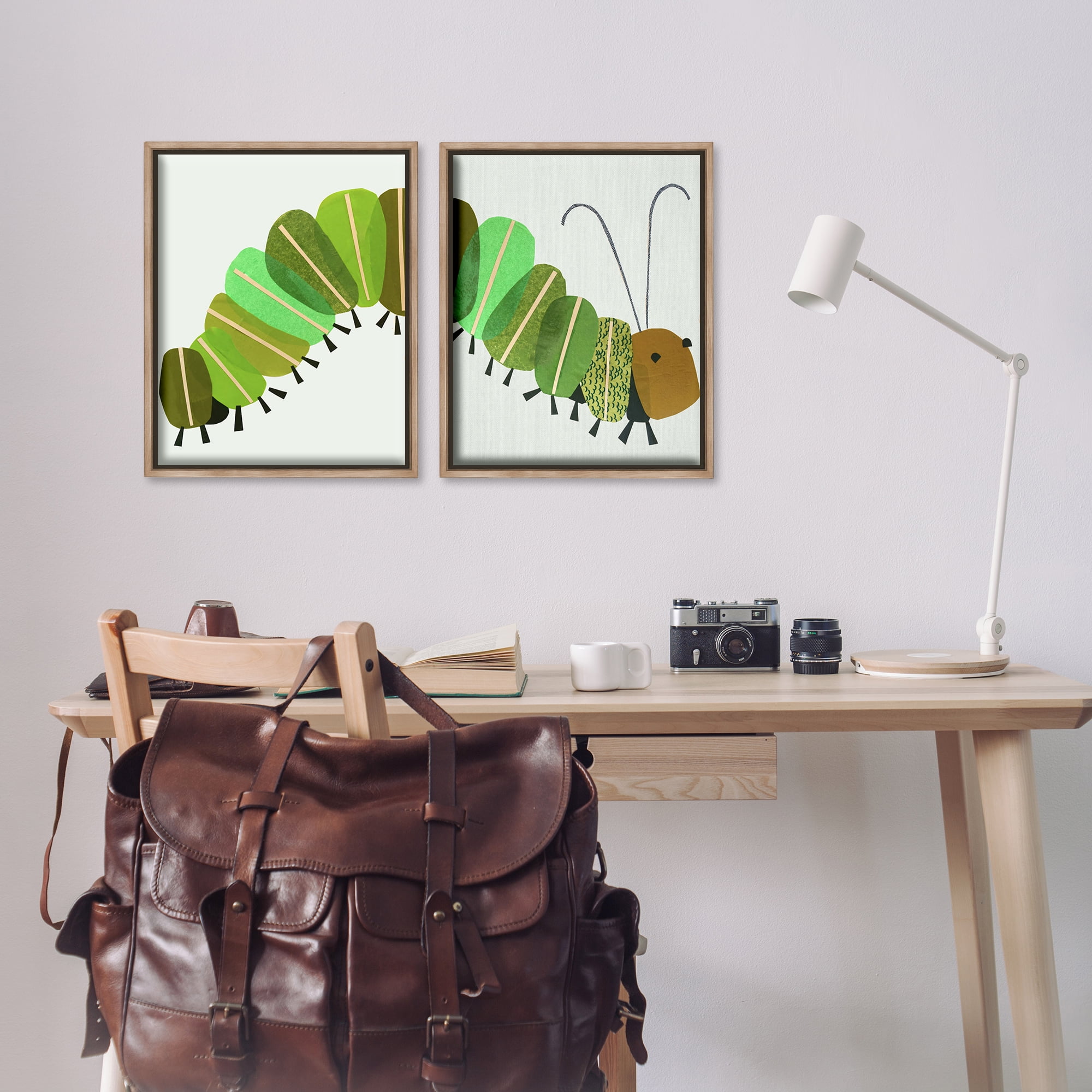 Stupell Industries Cute Cozy Caterpillar Animals Painting Brown Floater Framed Canvas Art Print Wall Art, 17 x 21, Set of 2