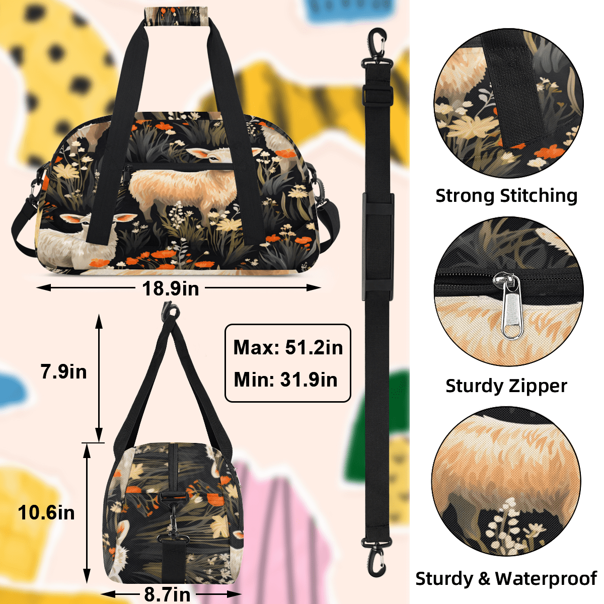 Herdesigns Cute Sheep Print Sports Duffle Bag for Women & Men, Animals Gym Bag Dance Bag Overnight Bag Carry On Weekender Travel Bag