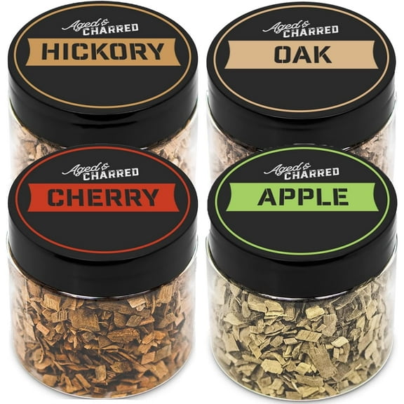 Cocktail Smoker Wood Chips - Variety 4-Pack: Apple - Hickory - Oak - Cherry - Enhance Drinks - Wood Chips for Cocktail Smoker by Aged & Charred - Gift for Dad!