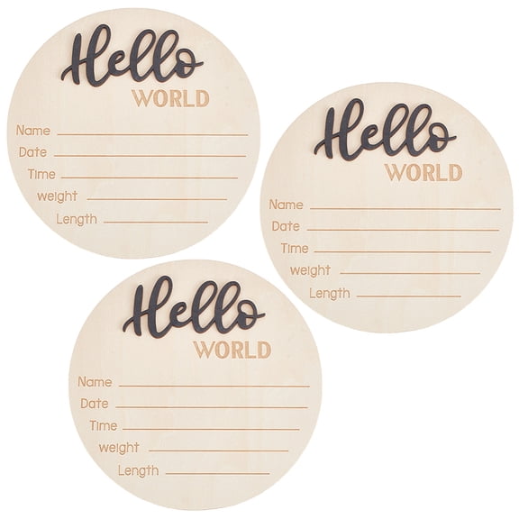 3Pcs Newborn Announcement Sign 5.9Inches Wooden Hello World Board Newborn Welcome Sign Round Information Board Decroation and Gifts Black