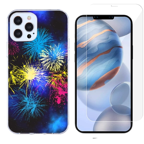 Slim-Fit Protective Phone Case compatible with iPhone 12 Pro Max, with Tempered Glass Screen Protector, by OneToughShield ® - Fireworks