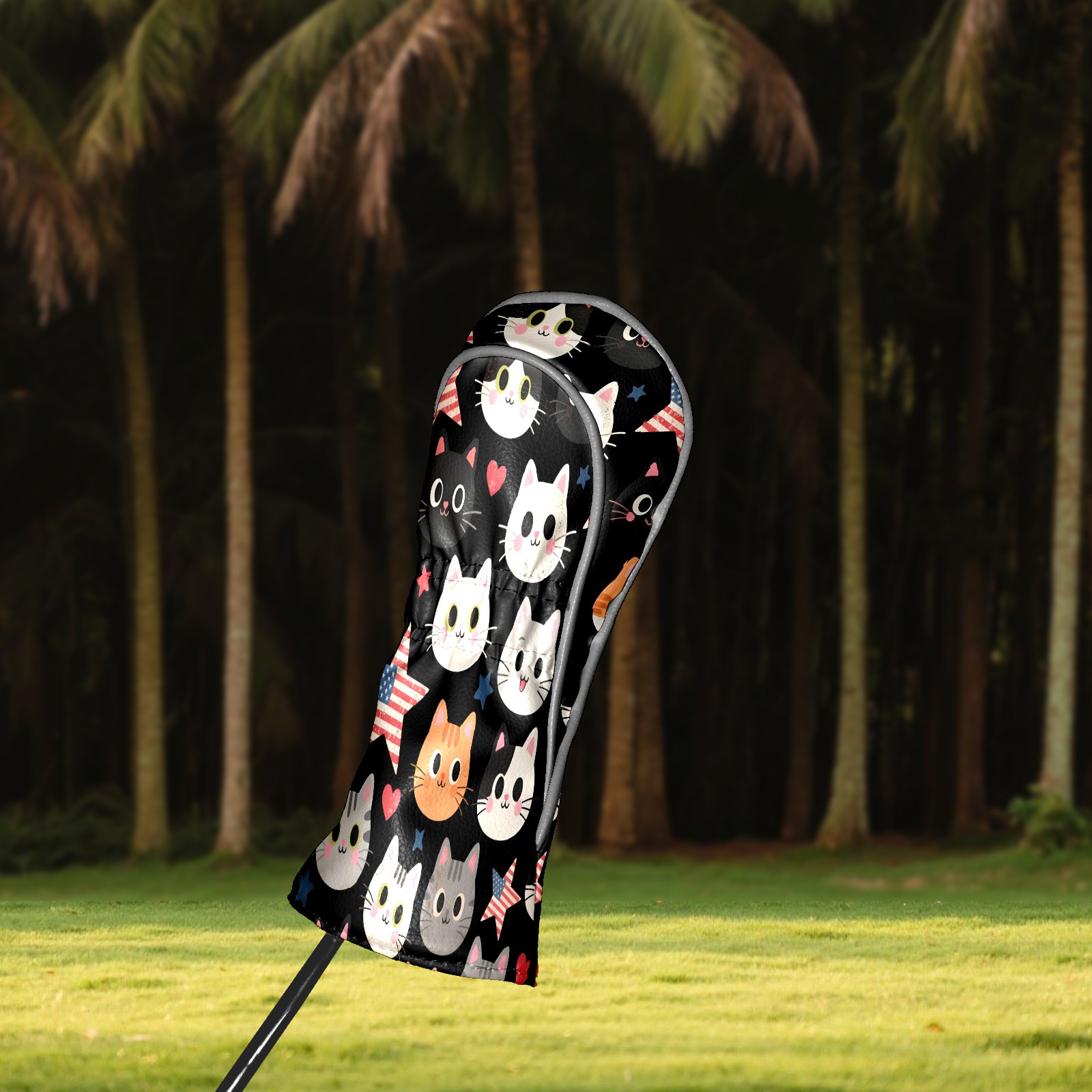 Golf Club Covers, Black Cartoon Cat Premium PU Leather Driver Hybrid Putter Head Covers with Velvet Lining, Waterproof Golf Gifts for Men Women
