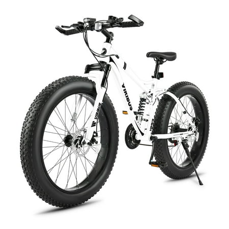 VIRIBUS 26" Fat Tire Mountain Bike Full Suspension Bike with 21 Speeds Disc Brakes White