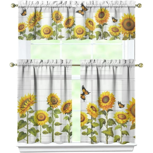 Sunflower Kitchen Curtains,Sunflower Kitchen Curtains Sets for Windows,Farmhouse Kitchen Curtain Sink Window Valance 3 Piece Set,Summer Floral Kitchen Decor for Living Room 54x36 Inches