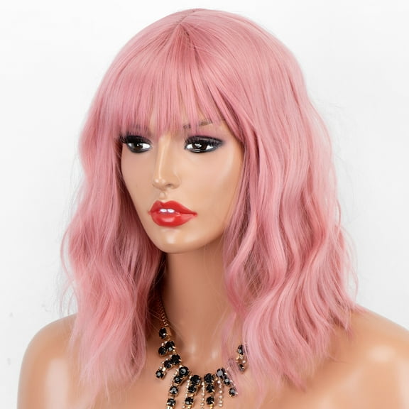 Dopi Cosplay Pastel Pink Shoulder Length Short Bob Wavy Heat OK Fiber Hair None Lace Synthetic Wigs with Full Bangs