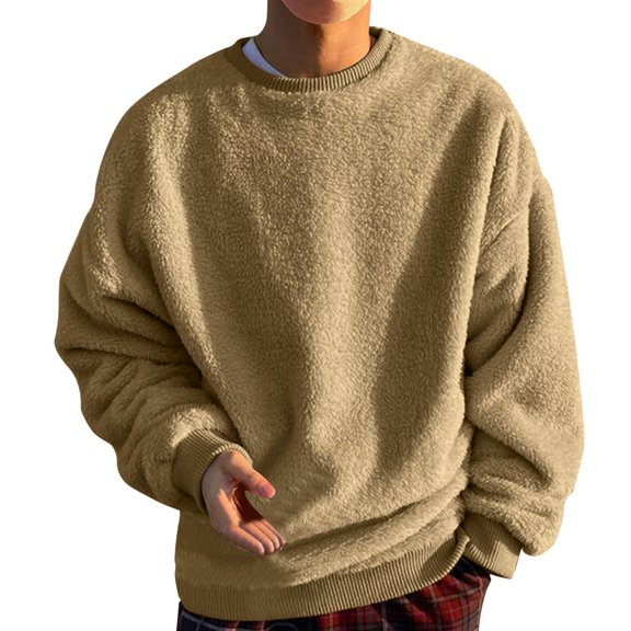 Men Sweatshirt Crew Neck with Pocket Reversible Plush Hoodless Long Sleeve Pullover