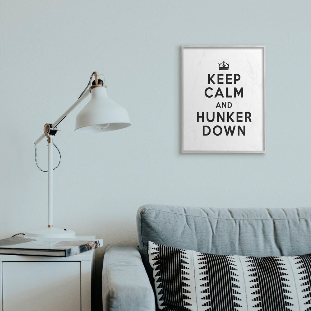 Stupell Industries Keep Calm and Hunker Down Stay Home Sign Framed Wall Art Design by Lettered and Lined, 16" x 20", Gray Framed