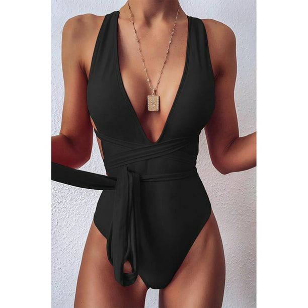 Womens Lace-Up One Piece Swimsuit Sexy Deep V-Neck Monokini