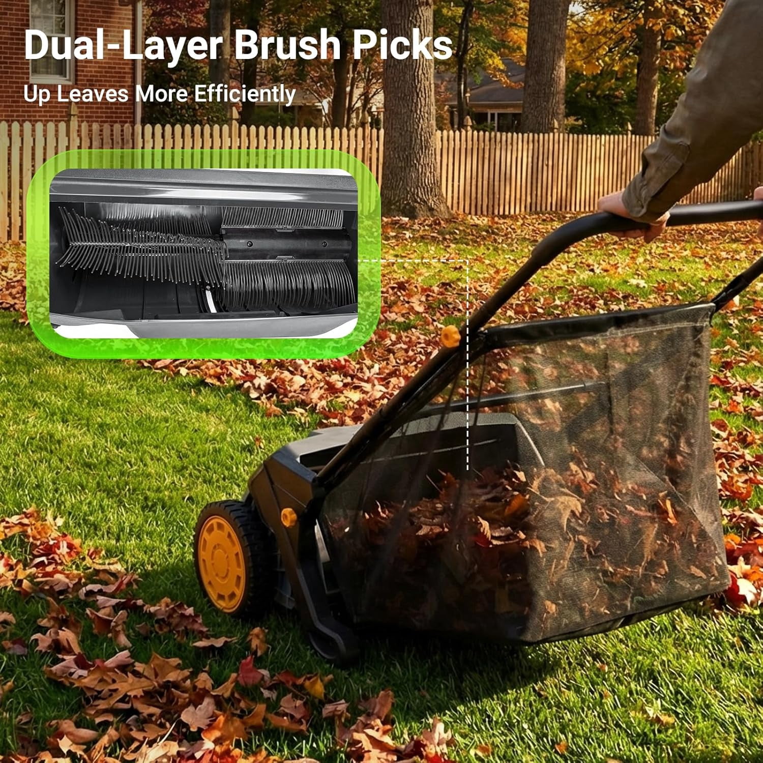 21" Push Lawn Sweeper with 103L Mesh Collection Hopper Bag, 200L Leaf Bag, Leaf and Grass Collector with 4 Adjustable Heights, Steel Frame & Rubber Wheels