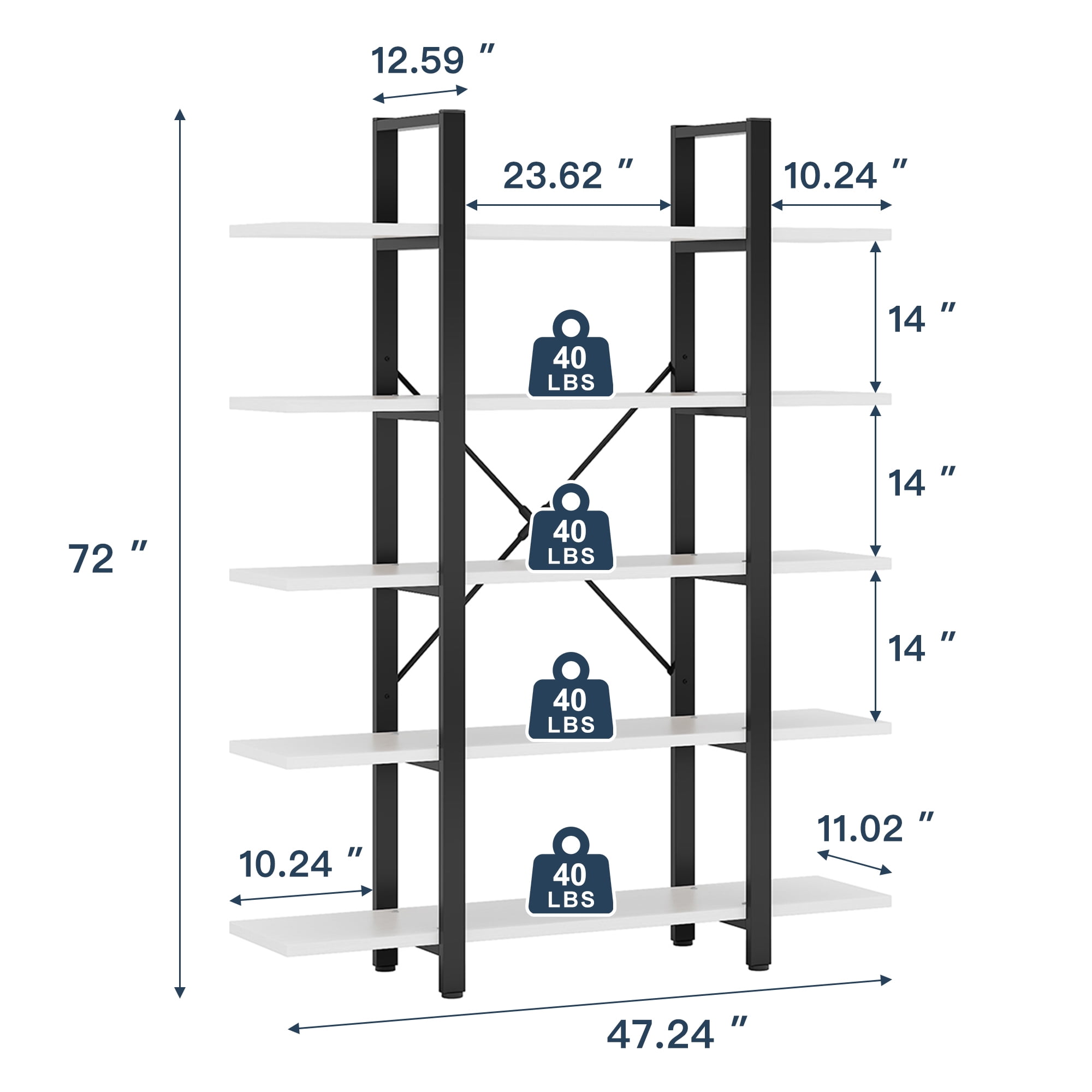 Demi Bonn 5 Tier Bookshelf, Bookshelves, Open Etagere Bookcase Shelf Storage Organizer, Free Standing Storage Shelving Unit for Bedroom, Living Room and Home Office, White & Black